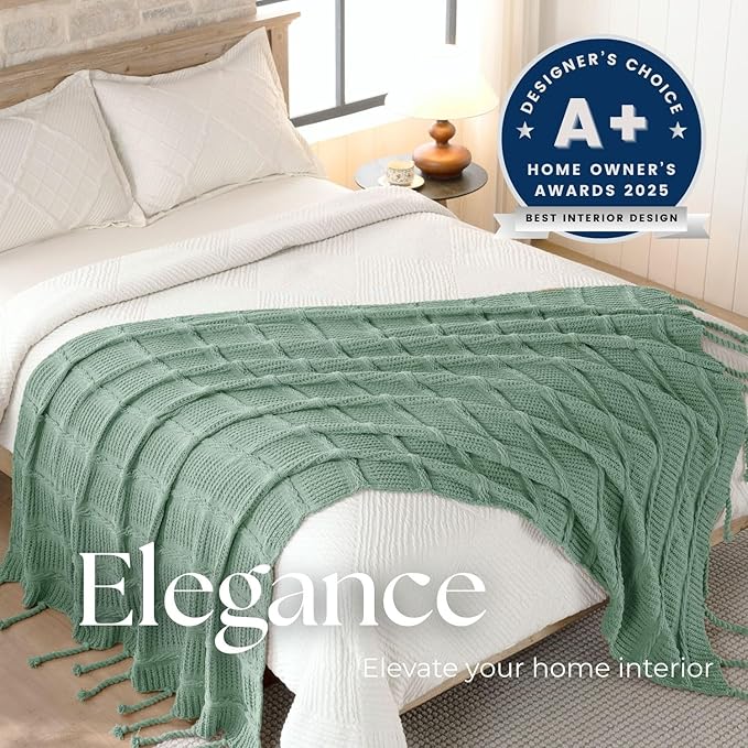 Boho Knitted Chenille Blanket with Tassels - Lightweight & Soft All-Season Throw - 3D Classic Pattern for Living Room Bedroom Couch, Sage Green, Queen 90"x90"