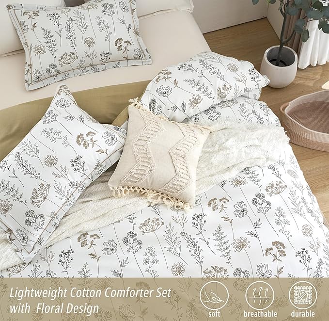 ALEISSEL White Botanical Cotton Comforter King Size - 3PC Lightweight Bedding Sets with Ultra-Soft Alternative Fill, Luxurious Pale Mustard Reversible Design (1 Comforter, 2 Pillowshams)