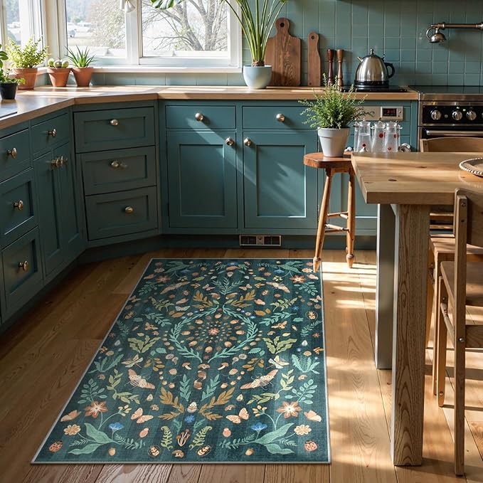Lahome Chloe Insect Botanical 3x5 Washable Kitchen Rugs for Entryway, Soft Green Bedroom Rug, Boho Floral Non Slip Indoor Throw Carpet for Bathroom Laundry Living Room(Dark Green,3x5)