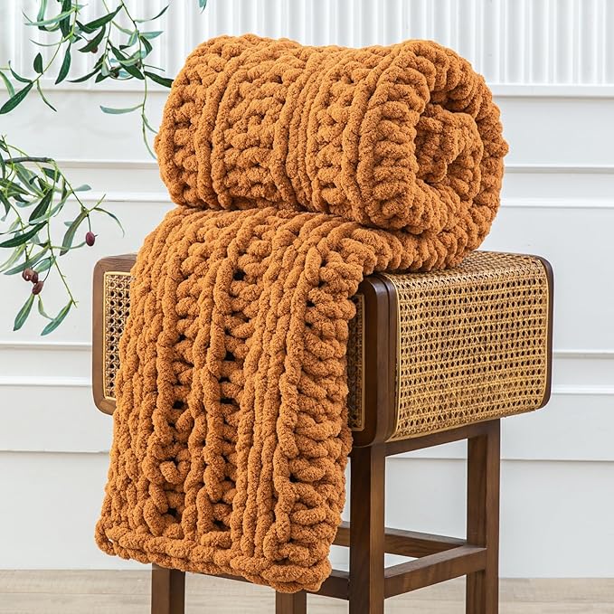 WESHIONGOO Chunky Knit Blanket Throw 40"×60" Knitted Throw Blankets for Couch Bed Fluffy Soft Blanket with Jumbo Chenille Yarn Thick 100% Handmade (Burnt Orange, Medium Size Throw)