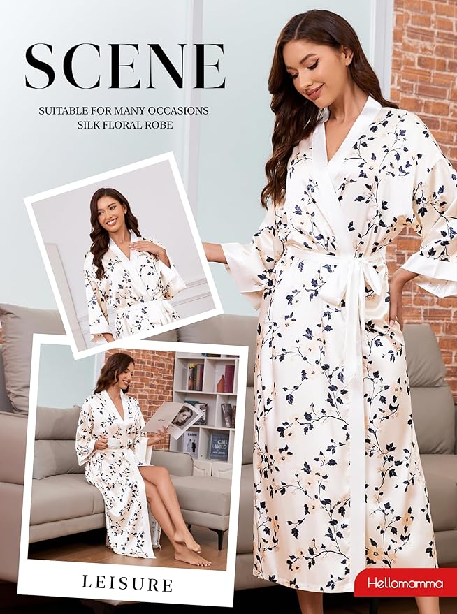 Hellomamma Womens Satin Silk Robe: Lightweight 3/4 Sleeve Comfy Floral Print Kimono Sleepwear for Bride Wedding Party Gift