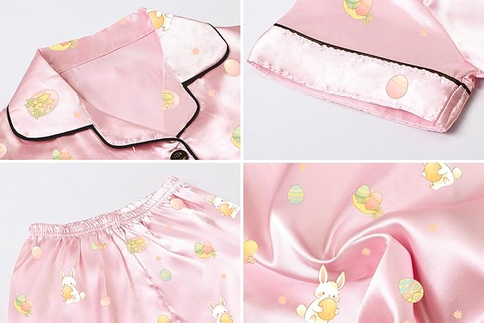 Umeyda Women & Girls Pajamas Set, Soft Satin Lightweight Silk Button-Down Top with Shorts 2 Piece PJS for Mom Boys Kids Gifts