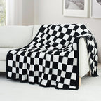 Carriediosa Checkered Throw Blanket 90" X 90" Queen, 400GSM Ultra Soft Microfiber Fuzzy Fluffy Reversible Cute Preppy Knitted Blankets Cozy Plush Fall Throws for Couch, Bed, Sofa, Black