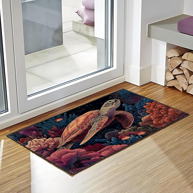 Turtle Area Rug 2x3 ft Entry Rug Washable Boho Rugs Non Slip Low Pile Floral Door Mat Small Carpet for Bedroom, Bedside, Kids Room, Office, Dining Room