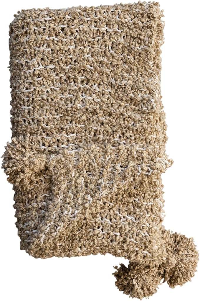 Creative Co-Op Woven Fabric Chunky Knit Throw with Tassels, Tan