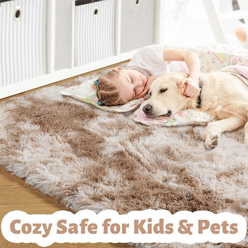 Amdrebio Tie-Dyed Beige Tan Rugs for Bedroom Living Room, Cute Fluffy Plush Neutral Area Rug 4x6 for Kids Room Decor Aesthetic, Soft Furry Fuzzy Shaggy Carpet for Baby Nursery Playroom Preppy Dorm