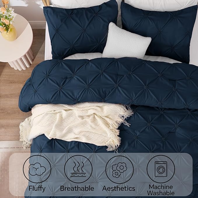BEDELITE Navy King Size Comforter Set - 3 Pieces Boho Pintuck Bedding Comforter Sets, Lightweight Soft & Warm King Bedding Set with 2 Pillowcases for All Season