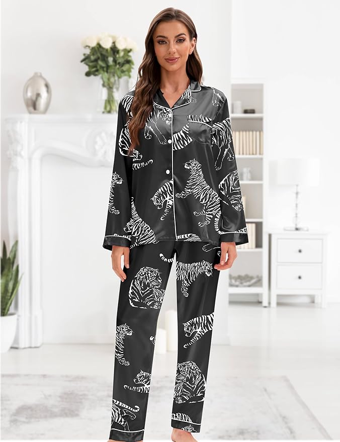EPLAZA Silk Pajamas for Women Satin Pajamas Set 5 Pcs Long Sleeve Print Pattern Button Down Pjs Sleepwear Loungewear Set