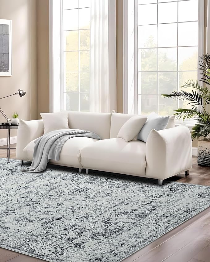 CRYPTOLITE Rugs for Living Room, 6x9 Large Area Rugs Ultra Soft Washable, Vintage Boho Faux Wool Carpet for Dining Room, Bedroom, Office, Home Decor (Grey)