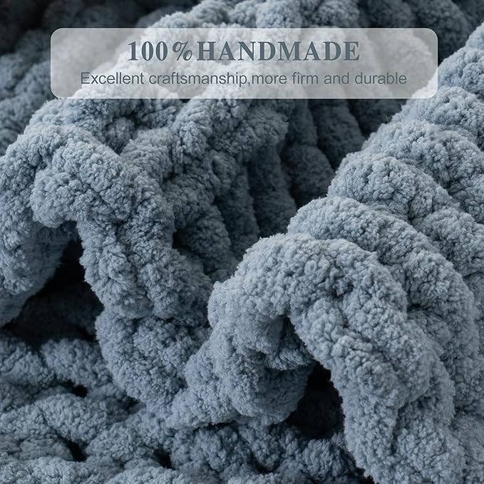 Bunnikins & Clover Dusty Blue Throw Blanket, Handmade Chenille Cable Chunky Knit Throw for Couch, Blue Grey Throw Blanket for Home Decor, 50"x60"