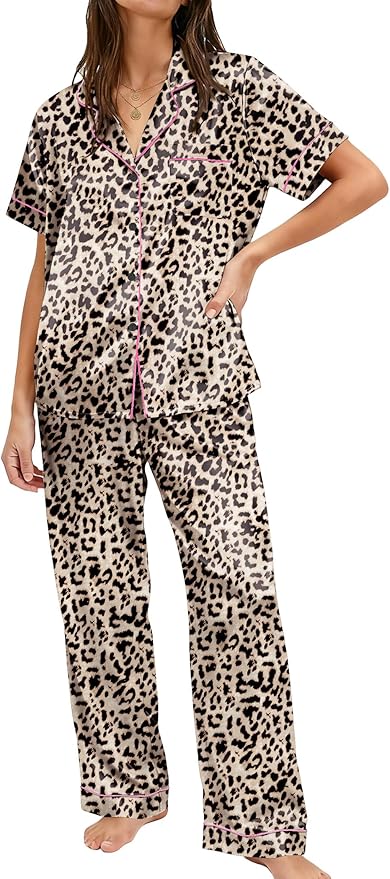 Ekouaer Womens Silky Satin Pajamas Set Short Sleeve Button Down Sleepwear 2 Piece Lounge Set Pj Set