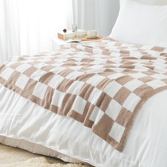 Carriediosa Checkered Throw Blanket 60" X 80" Twin, 400GSM Ultra Soft Microfiber Fuzzy Fluffy Reversible Cute Preppy Knitted Blankets Cozy Plush Fall Throws for Couch, Bed, Sofa, Taupe