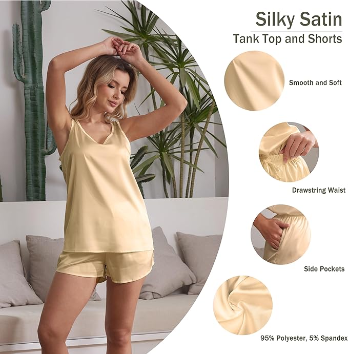 MOYEE Women Silk Pajama Set Soft Satin V Neck Tank Top and Shorts 2 Piece lounge Sets with Pockets