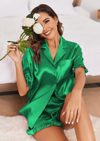 Ekouaer Satin Pajama Set for Women Button Down Silk 2 Piece Pj Sets Ruffle Short Sleeve Sleepwear