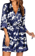 Ekouaer Women's Lace-Trim Silk Robes Bride Bridesmaid Kimono Satin Bathrobe V Neck Sleepwear with 3/4 Sleeve
