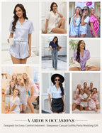 Silk Pajamas for Women Button Down 2 Piece Satin Pjs Shorts Set Ruffle Notch Collar Sleepwear Loungewear