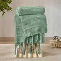 Boho Knitted Chenille Blanket with Tassels - Lightweight & Soft All-Season Throw - 3D Classic Pattern for Living Room Bedroom Couch, Sage Green, Queen 90"x90"