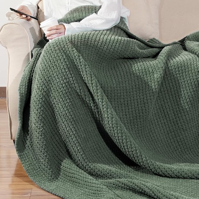 Waffle Knit Throw Blanket, Luxury Cozy Chunky Knit Throw Blanket for Couch, 50 x 60 Inch Thick Ultra-Soft Feather Yarn Knitted Blanket for Sofa, Bed, Home Decor - Sage