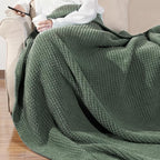 Waffle Knit Blanket Twin Size, Luxury Cozy Chunky Knit Twin Blanket for Couch, 60 x 80 Inch Thick Ultra-Soft Feather Yarn Knitted Blankets for Sofa, Bed, Home Decor - Sage