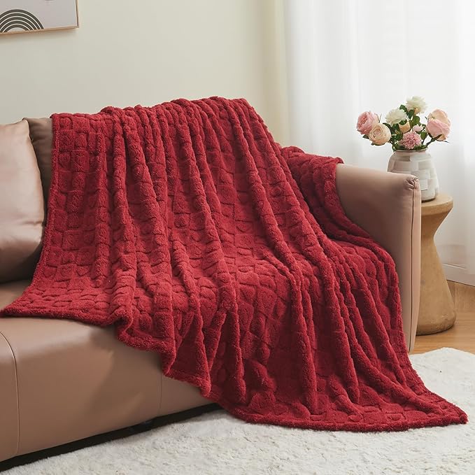 NEWCOSPLAY Super Soft Twin Blanket Red Premium Silky Flannel Fleece 3D Heart Checkered Lightweight Bed Blanket All Season Use (Red Heart, Twin(60"x80"))
