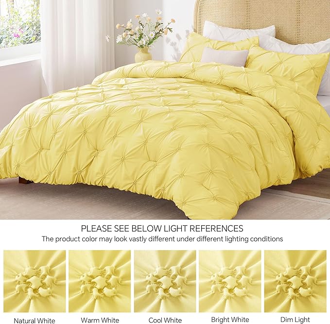 BEDELITE Light Yellow King Size Comforter Set - 3 Pieces Boho Pintuck Bedding Comforter Sets, Lightweight Soft & Warm King Bedding Set with 2 Pillowcases for All Season