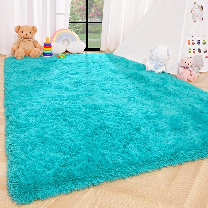 ISEAU 3x5 Area Rug for Living Room, Teal Blue Rugs for Bedroom, Kitchen, Soft Shaggy Carpets, Fluffy and Machine Washable Mats, Under Bed, On Nursery Floors Mat, Boys, Girls Room Carpet Decor