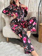 WDIRARA Women's 2 Piece Bowknot Print Satin Pajama Set Long Sleeve Button Down Lounge Pants Sleepwear Sets