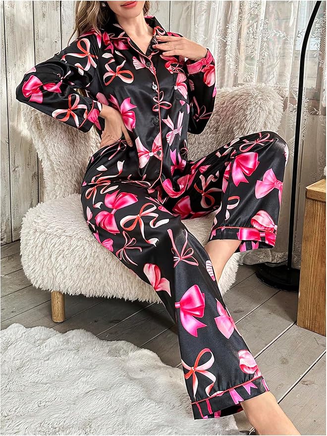 WDIRARA Women's 2 Piece Bowknot Print Satin Pajama Set Long Sleeve Button Down Lounge Pants Sleepwear Sets
