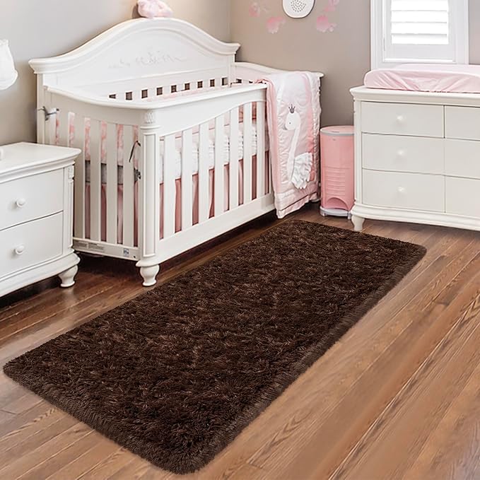 Runner Rug for Bedroom 2x6 Brown Fluffy Shaggy Rug Soft Plush Fuzzy Area Rug Bedside Runners for Hallway Kids Nursery Dorm Playroom Living Room with Non Slip Modern Indoor Decor Carpet