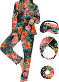 EPLAZA Silk Pajamas for Women Satin Pajamas Set 5 Pcs Long Sleeve Print Pattern Button Down Pjs Sleepwear Loungewear Set