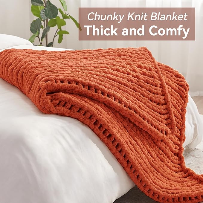 Negwoo Chunky Knit Throw Blanket, 50''*60'' Fall Throw Blanket Knitted Chenille Yarn for Bed Couch, Handmade Orange Crochet Big Thick Blanket, Machine Washable Cute Comfy Blankets for Home Decor