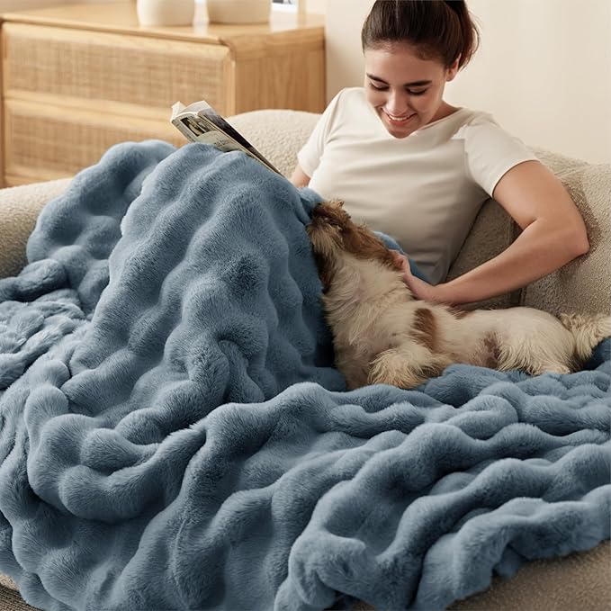 Bedsure GentleSoft Fluffy Fuzzy Greyish Blue Throw Blanket, Soft Cozy Fleece Faux Fur Blanket for Couch, Blue Room Decor Minky Velvet Bed Cover, Thick Warm Plush Birthday Gifts for Women Men Over 60