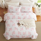 Nayoroom Pink Bow Duvet Cover Queen Size Coquette Pink Floral Duvet Cover 3 Pieces Soft Lightweight Microfiber Girls Cute Aesthetic Dorm Bedding Set