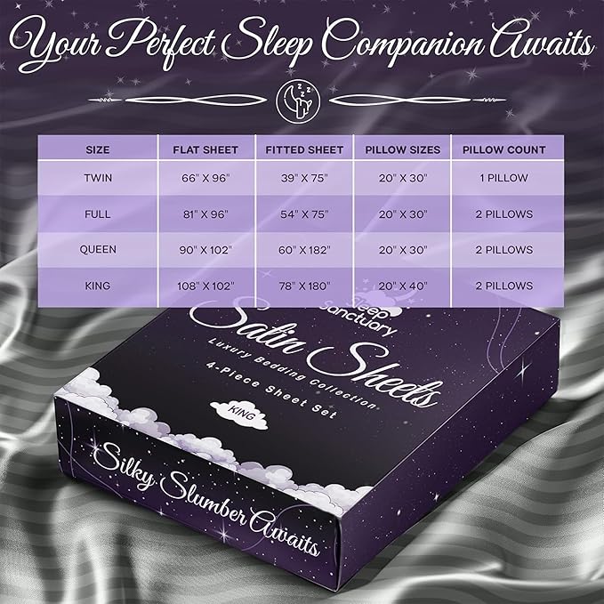 SLEEP SANCTUARY Satin Sheets King Size – 4 Piece Luxury Silky Bed Set, Softer Than Silk, 15" Deep Pocket, Cooling & Wrinkle-Free, Moisture-Wicking & Breathable for Hair & Skin (Striped Grey)