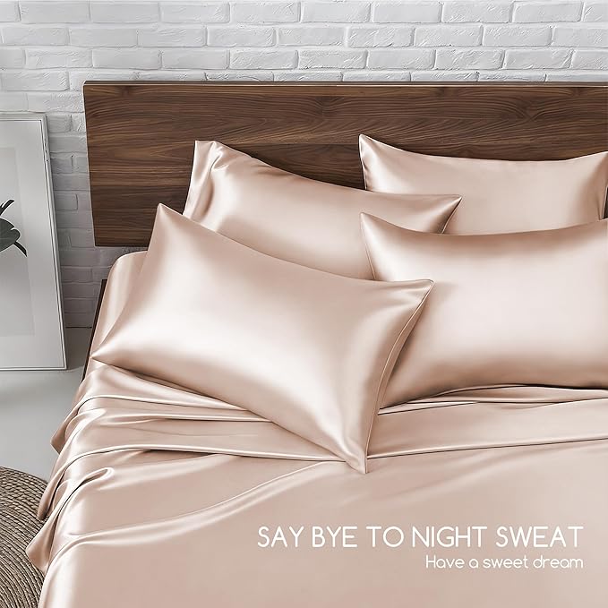 MR&HM Satin Bed Sheets, Full Size Sheets Set, 6 Pcs Silky Bedding Set with 15 Inches Deep Pocket for Mattress (Full, Champagne)