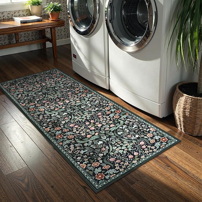 Lahome Claude Floral Kitchen Runner, 2x6 Black Washable Runner Rug Non Slip, Soft Low Pile Stain Resistant Bathroom Laundry Floor Carpet, Boho Thin Long Carpet for Entryway