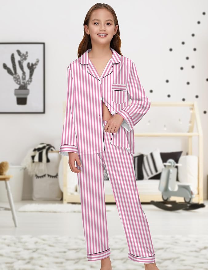 EPLAZA Kids Satin Pajamas Sets Girls Boys Button-Down Silky Pajamas Sleepwear with Hairband Eye Mask Hair Tie