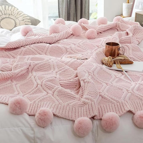 ATMOSURELY Ultra Soft Chenille Cable Knit Throw Blanket with Handmade Pom Poms Cozy Fluffy Knitted Blanket Lightweight Warm Woven Farmhouse Blanket for Bed Sofa Couch 50x60 Inches (Geometry Pink)