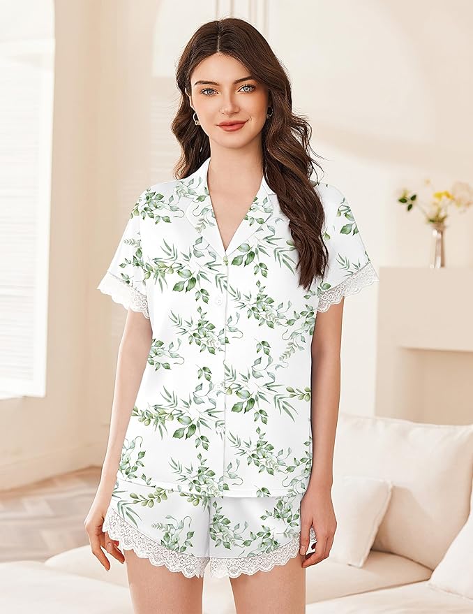 Ekouaer Womens Lace Satin Pajama Set Button Down Pj Shorts Set Bridesmaids Getting Ready Outfits Casual Sleepwear XS-XXL