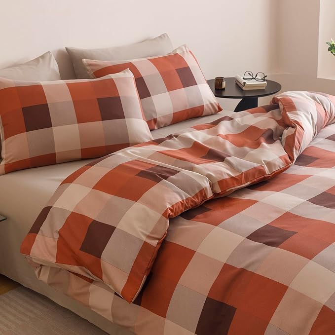 CLOTHKNOW Rust Khaki Plaid Full Size Comforter Set Gingham Buffalo Bedding Comforter Sets Geometric Comforter with 2 x Pillow Cases