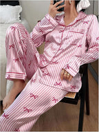 WDIRARA Women's 2 Piece Bowknot Print Satin Pajama Set Long Sleeve Button Down Lounge Pants Sleepwear Sets