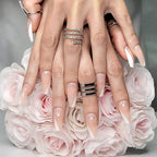 Hypnaughty 24 Pcs Paris Classy French Coffin Press On Nails with Design and Glue Medium Long Fake Nails Nude Pink and White Asymmetrical French Tip Glue On Nails Full Cover (Paris)