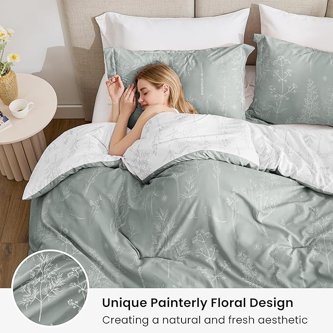 Love's cabin Grey Twin Comforter Set - Twin XL Size Comforter Set Dorm Bedding, 2 Pieces Cute Floral Bedding, Soft Reversible Flowers Comforter, 1 Comforter & 1 Pillow Sham