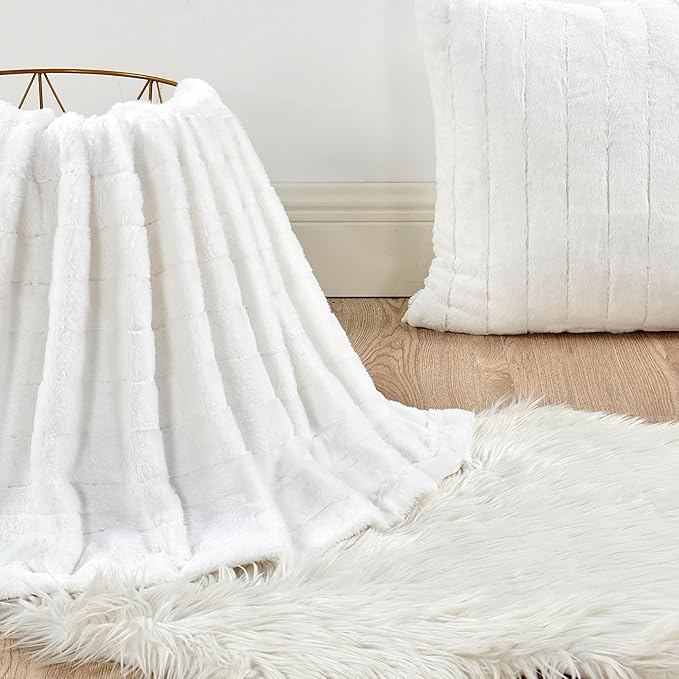 Striped Throw Blanket and Pillow Covers Set (No Inserts) for Couch and Bed, Plush Warm Lightweight Fuzzy Faux Fur Blanket for All Seasons (60" x 80", Pure White)