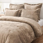 Fredsure Distressed Velvet Comforter Set, 5 Pieces Khaki King, Distressed Velvet Face and Brushed Microfiber Reverse