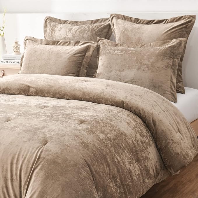 Fredsure Distressed Velvet Comforter Set, 5 Pieces Khaki Queen, Distressed Velvet Face and Brushed Microfiber Reverse
