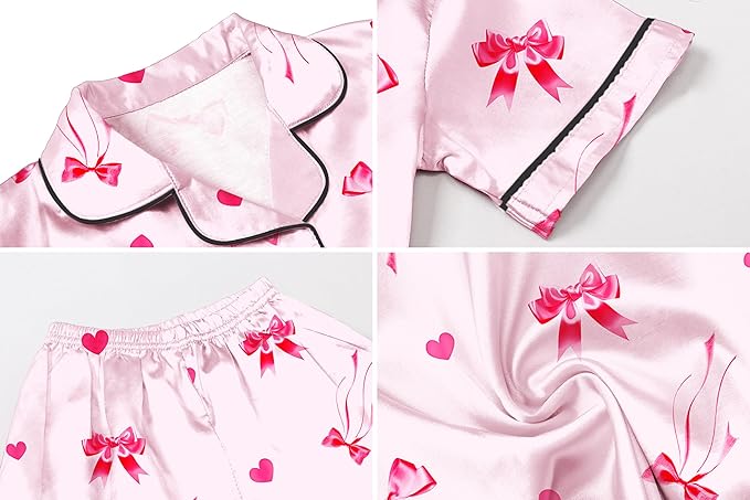 Umeyda Girls Womens Pajamas Set, Satin Silky Button Down Loungewear 2 Piece Short Sleeve Pants PJS Sets for Mommy Kids