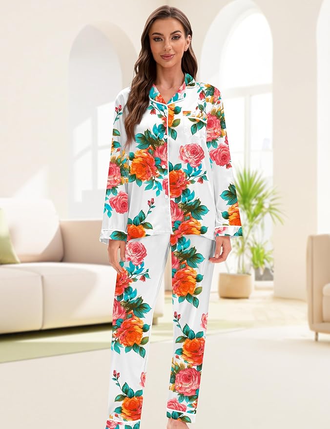 EPLAZA Silk Pajamas for Women Satin Pajamas Set 5 Pcs Long Sleeve Print Pattern Button Down Pjs Sleepwear Loungewear Set