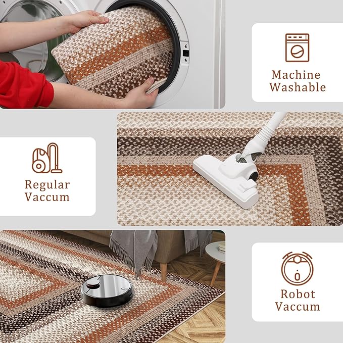 RUGSREAL 2x10 Long Hallway Runner Rugs Braided Print Rug Non Slip Kitchen Runner Mat Washable Farmhouse Runners Carpet Rustic Accent Area Rug for Living Room Bedroom Bathroom, Brown/Rust