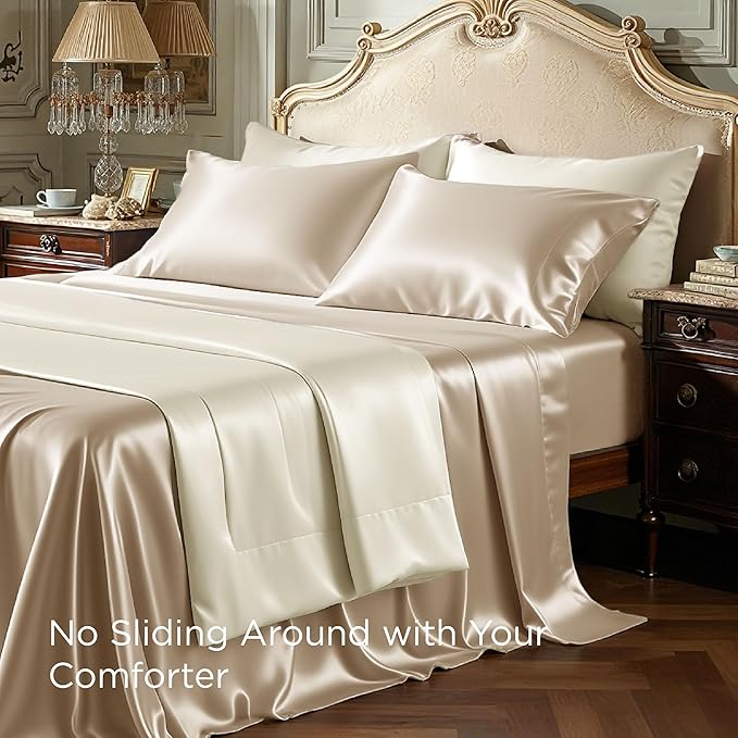 Bedsure Satin Sheets Full Size - 4 Piece Silky Bedsheets with 15 Inches Deep Pocket Fitted Bedsheet,1 Flat Sheet, 2 Satin Pillowcases, Good for Hair & Skin (Full, Champagne)